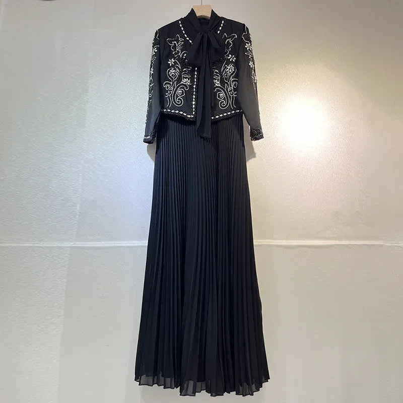 Embroidered Two-Piece Set – Rhinestone Detailing Sleeveless Dress & Jacket - Styeenigma