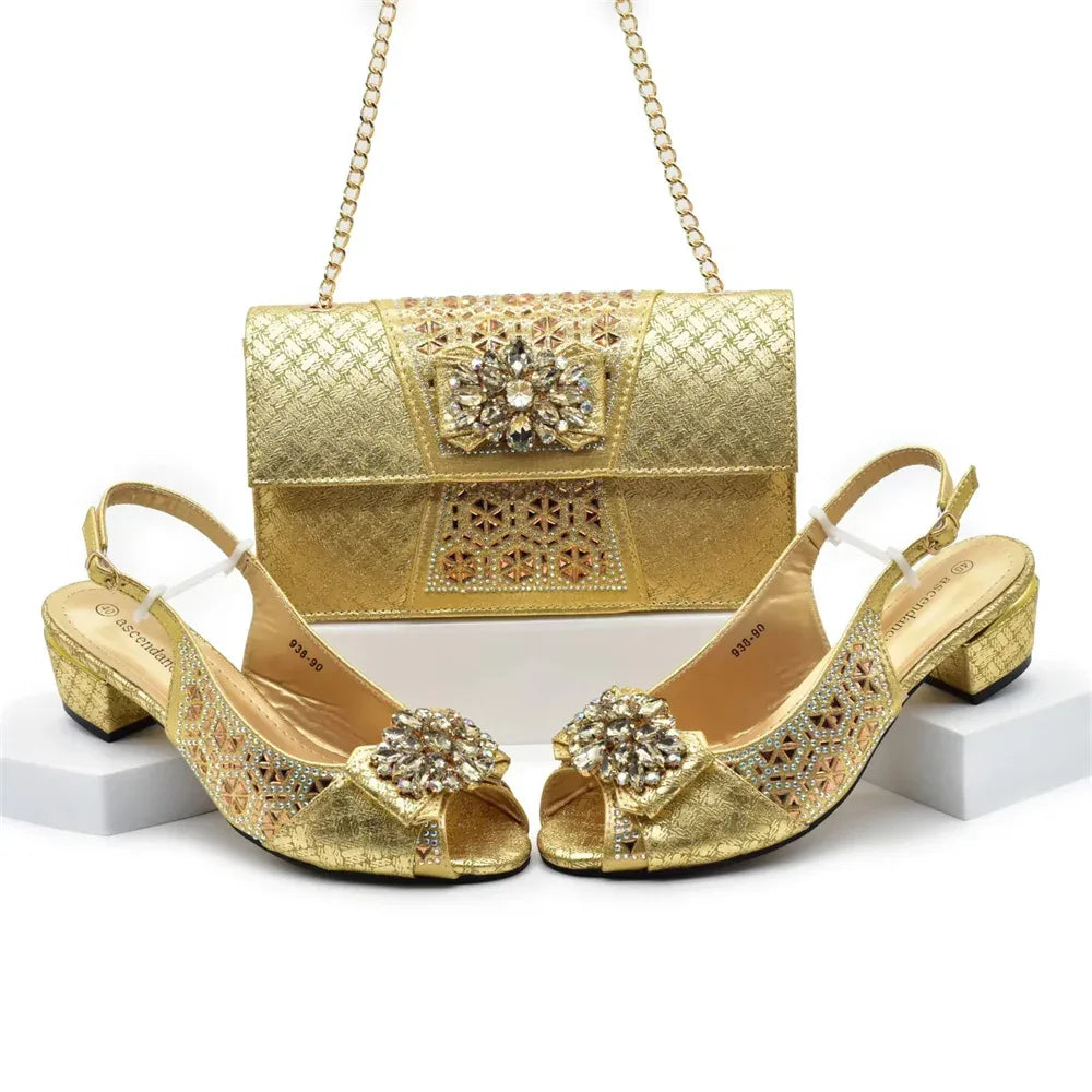 Rhinestone Floral Buckle High Heel Shoes & Bag Set - Styeenigma