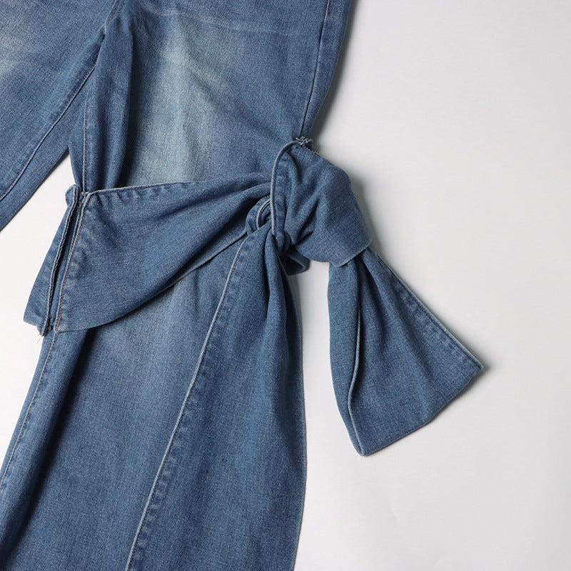 Detachable Ribbon Patchwork High-Waist Straight-Leg Jeans Denim Pants
