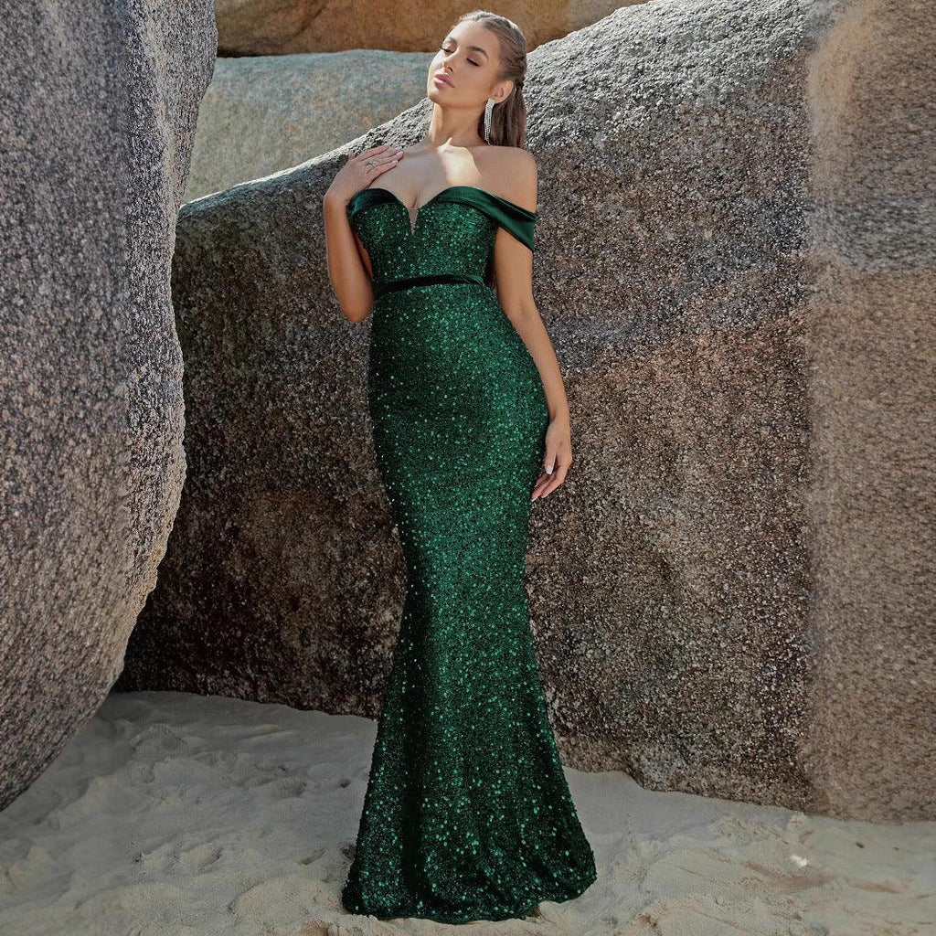 Sequin Off-the-Shoulder Mermaid Evening Gown with Slit Formal Dress - Styeenigma