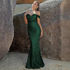 Sequin Off-the-Shoulder Mermaid Evening Gown with Slit Formal Dress - Styeenigma