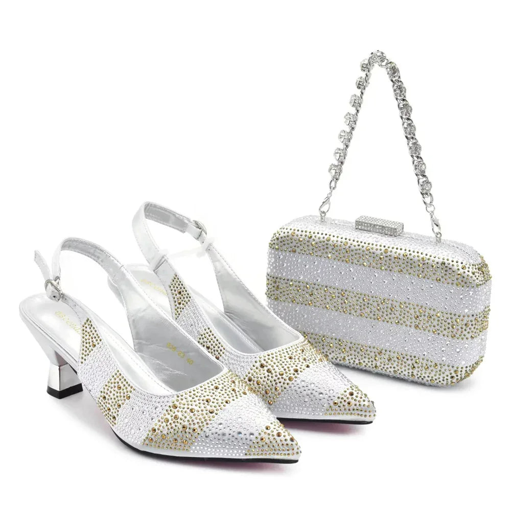 Sequin Stiletto Sandals & Faux-Lock Hardbox Bag Evening Set - Styeenigma