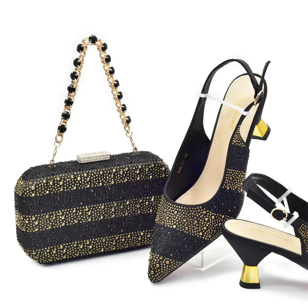 Sequin Stiletto Sandals & Faux-Lock Hardbox Bag Evening Set - Styeenigma