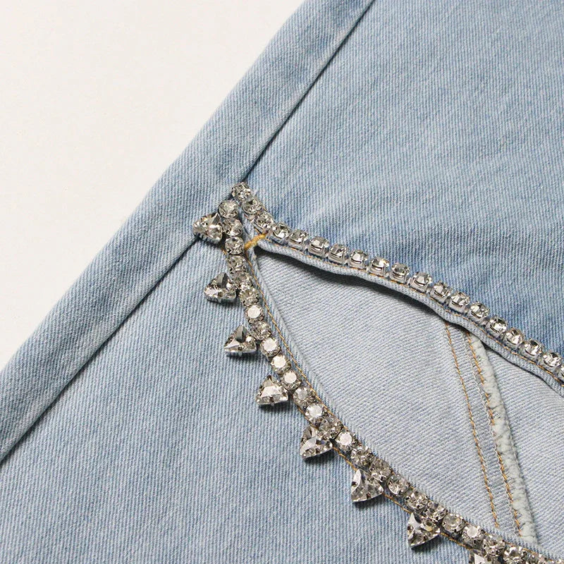 High Waist Long Rhinestone Hollow-Out Wide Leg Pants for Women