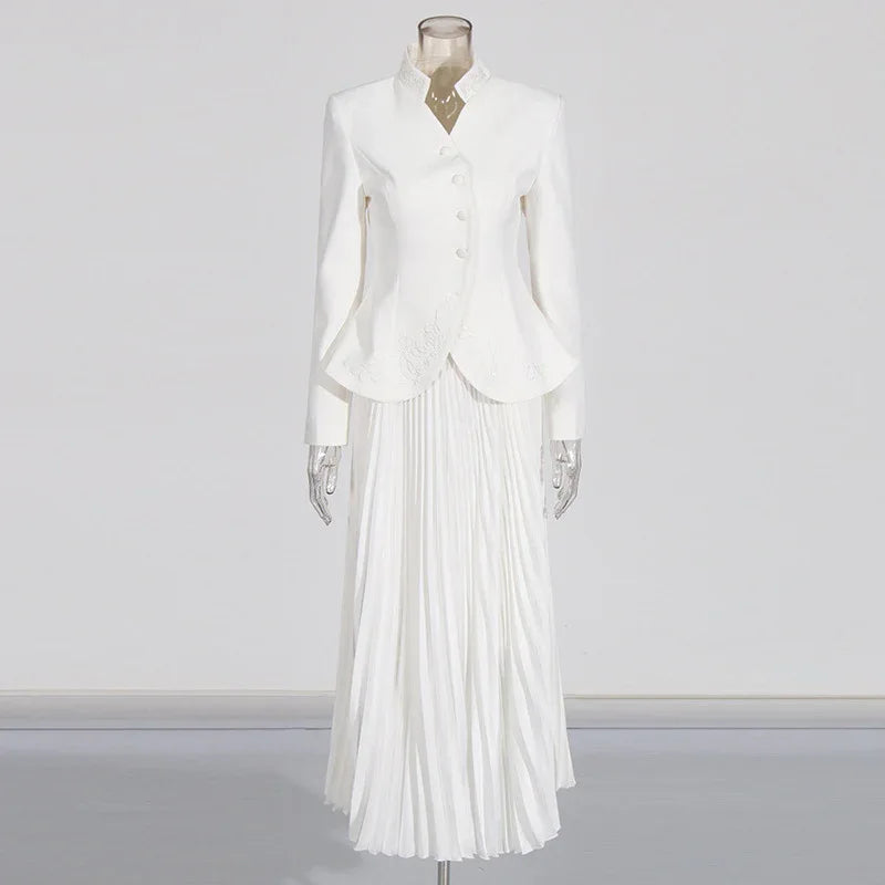Elegant Women’s Two-Piece Set – 3D Embroidered Jacket & High-Waist Pleated Skirt - Styeenigma