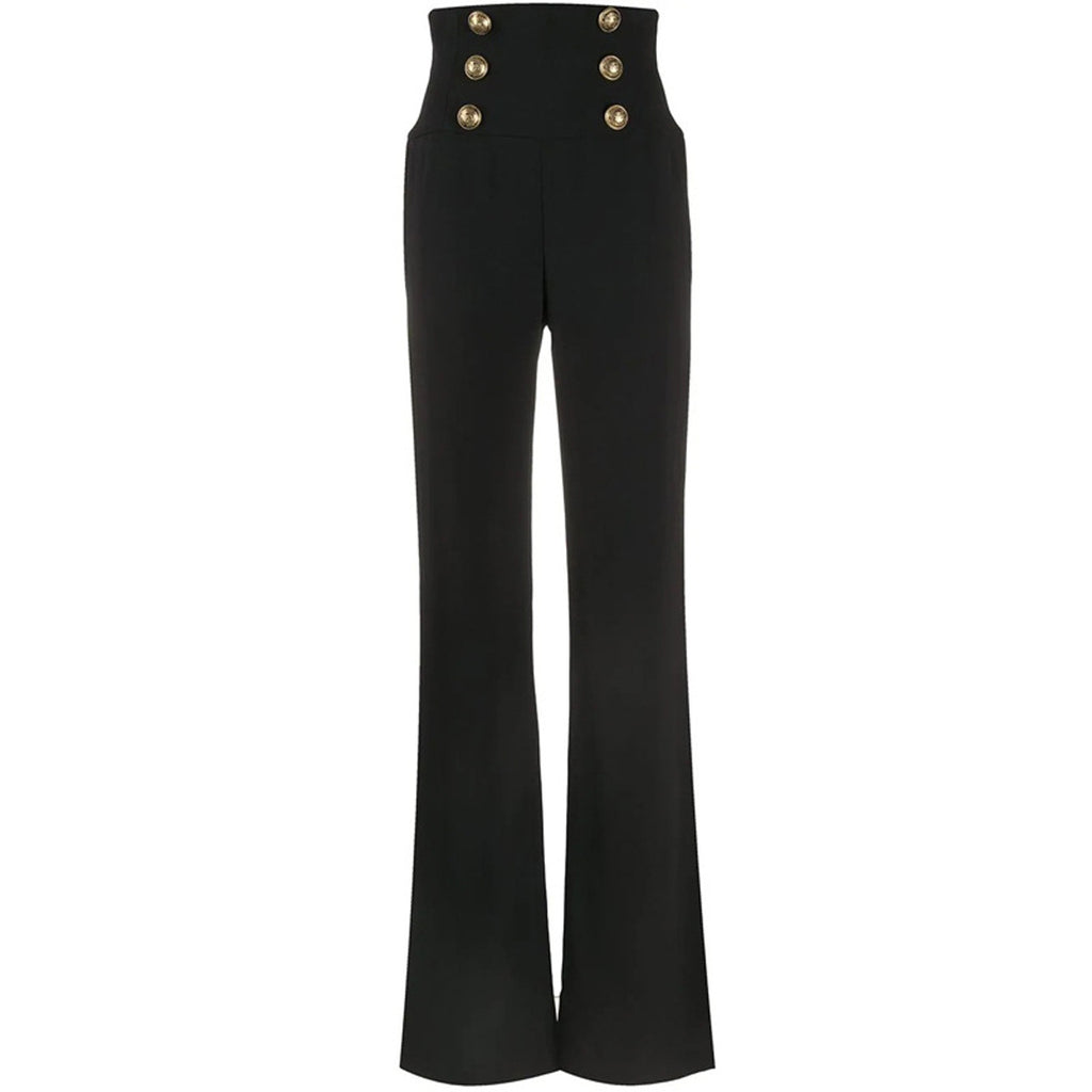 Black High-Waist Flared Trousers – Elegant Pants with Gold Buttons