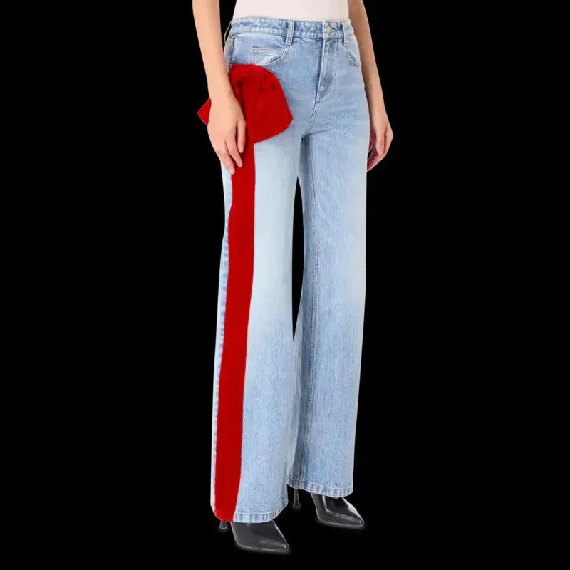 Bowknot Patchwork Straight Denim Jeans – Women’s Mid Waist Blue - Styeenigma