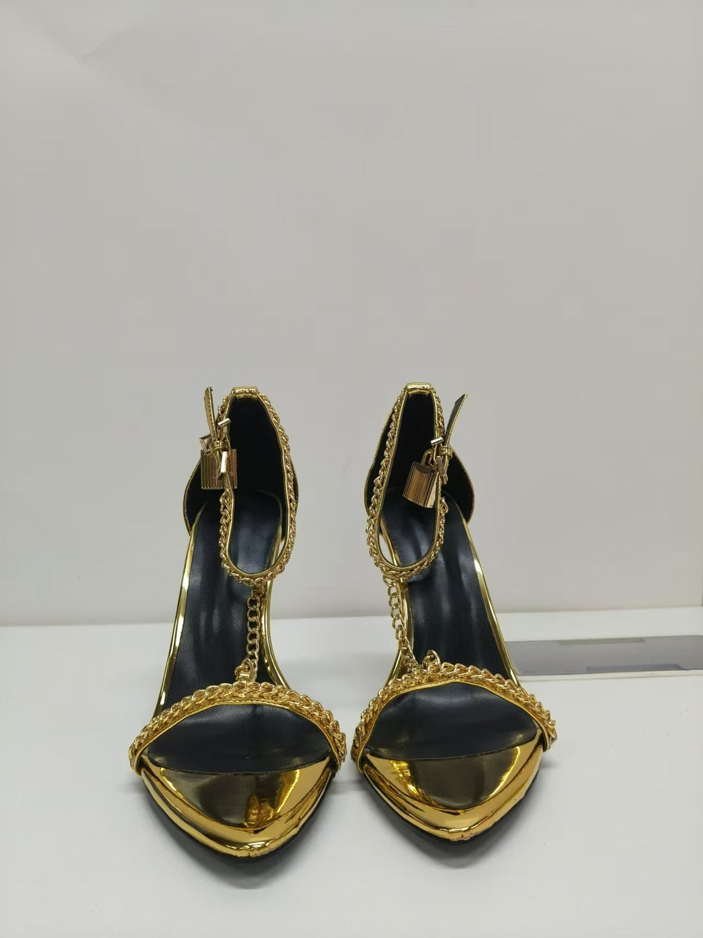 Gold Chain Stiletto Heels for Women – Metallic Sandals with Ankle Strap & Tassel Charm - Styeenigma