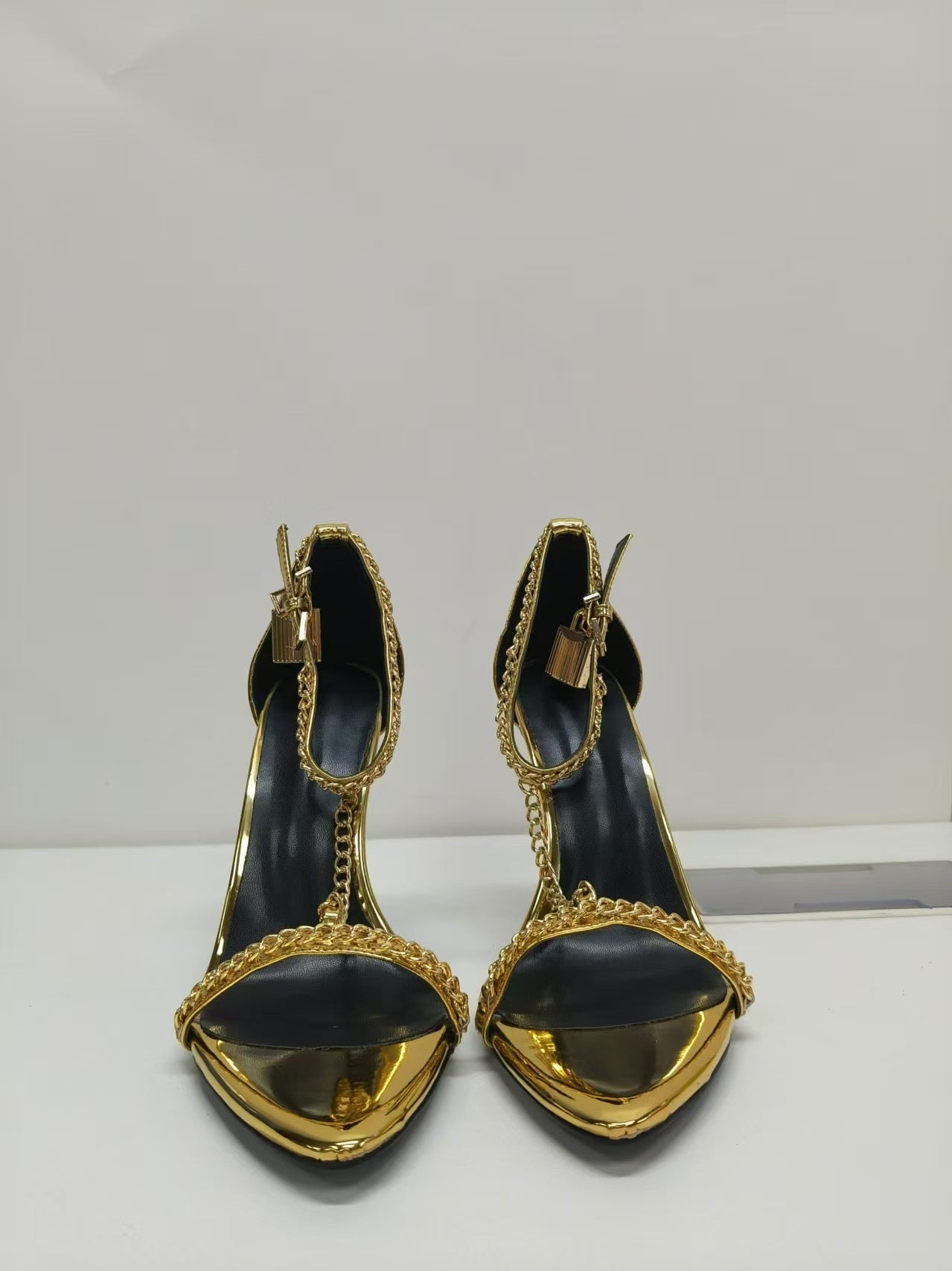 Gold Chain Stiletto Heels for Women – Metallic Sandals with Ankle Strap & Tassel Charm - Styeenigma