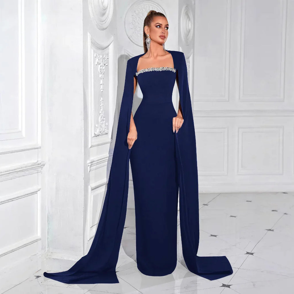 Square Neck Rhinestone Long Sleeve Maxi Evening Dress Formal Gown - Styeenigma