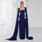 Square Neck Rhinestone Long Sleeve Maxi Evening Dress Formal Gown - Styeenigma