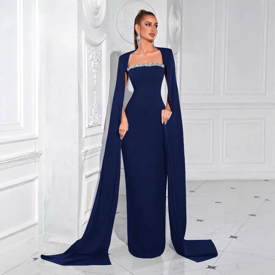 Square Neck Rhinestone Long Sleeve Maxi Evening Dress Formal Gown - Styeenigma