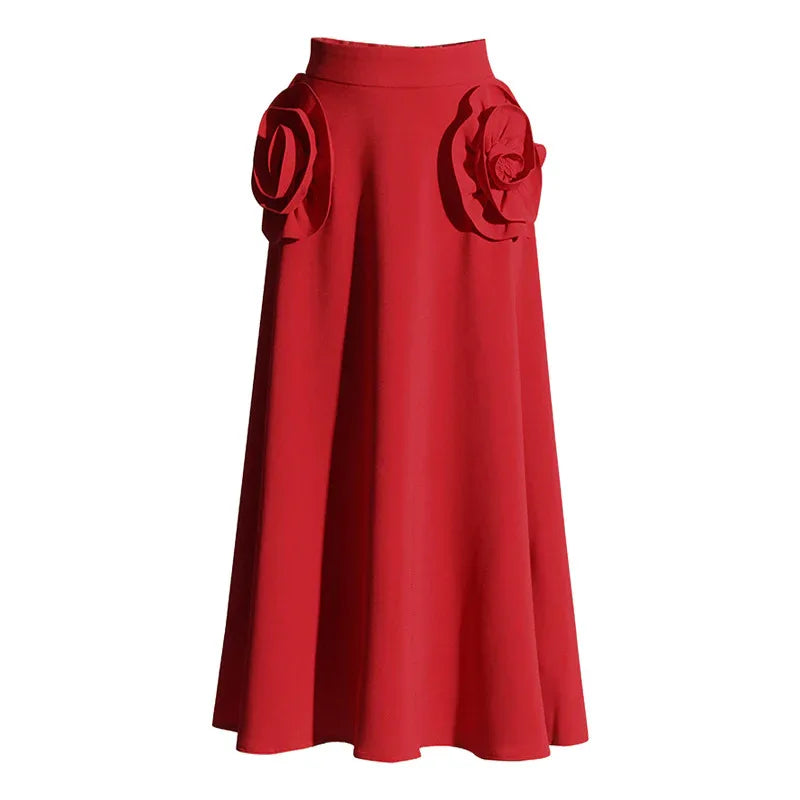Vintage Palace Style 3D Rose A-Line Midi Skirt for Women - Styeenigma