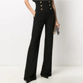 Black High-Waist Flared Trousers – Elegant Pants with Gold Buttons