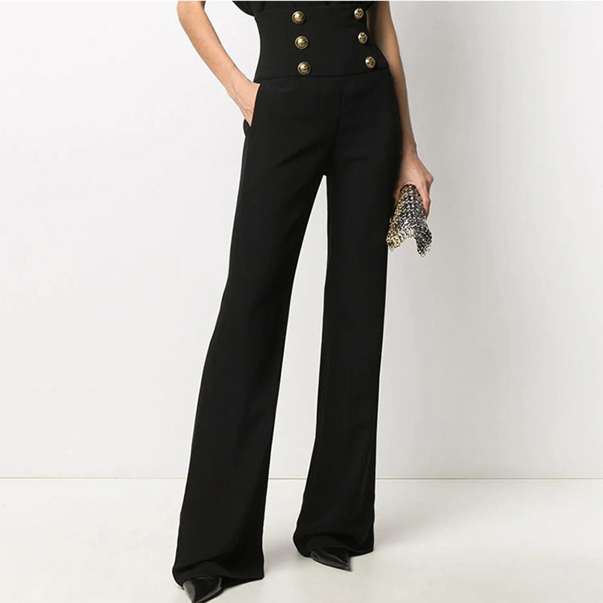 Black High-Waist Flared Trousers – Elegant Pants with Gold Buttons