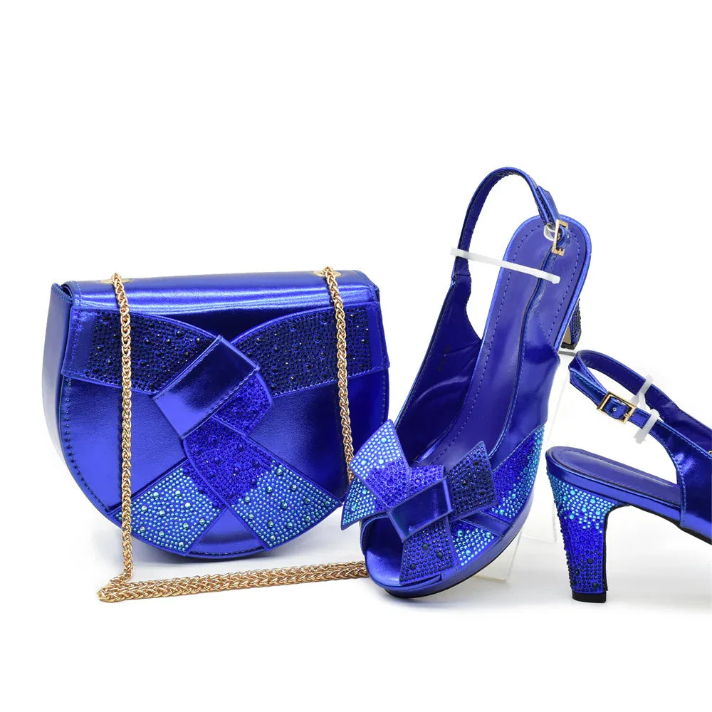 Peep Toe Rhinestone High Heel Sandals & Matching Bag Evening Set - Styeenigma