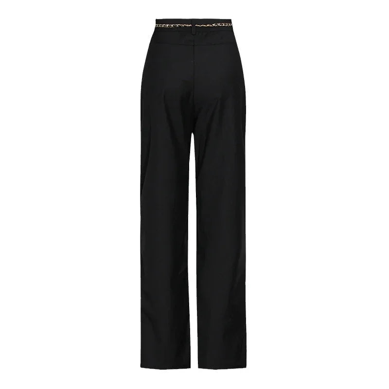 High Waist Chain Belt Straight Pants – Women’s Black Trousers