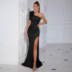 Flower Appliqué One Shoulder Mermaid Long Prom Dress with High Slit - Styeenigma