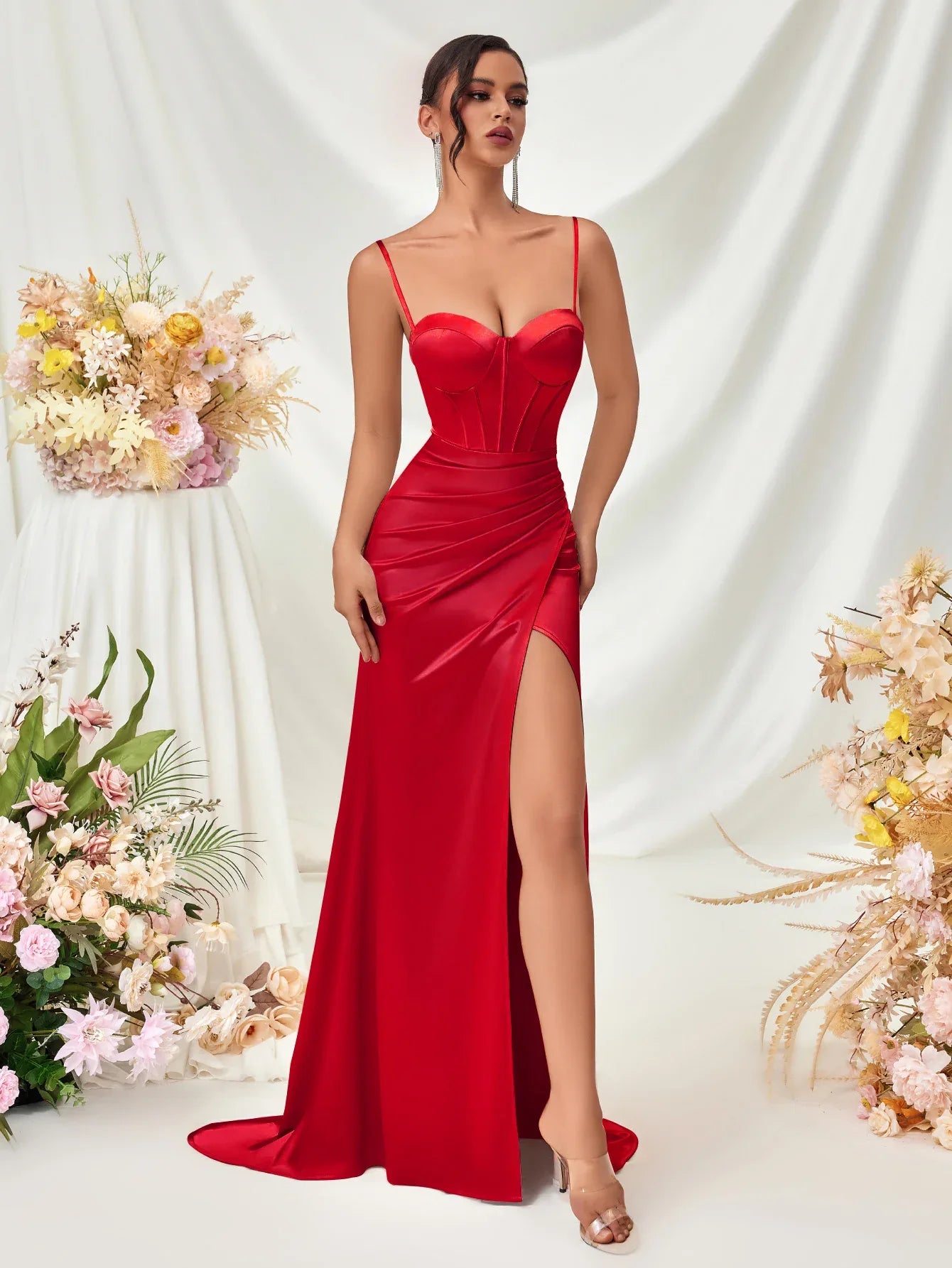 Spaghetti Strap Prom Dress with High Slit – Sleek Satin Party Gowns - Styeenigma