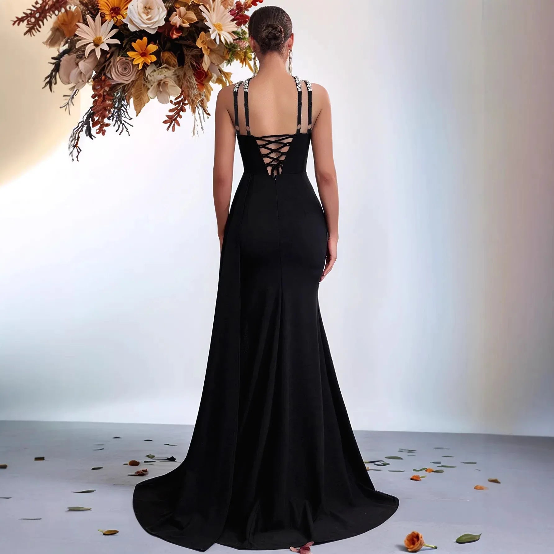 Halter Rhinestone Mermaid Evening Gown – Black Formal Dress with Side Slit & Train