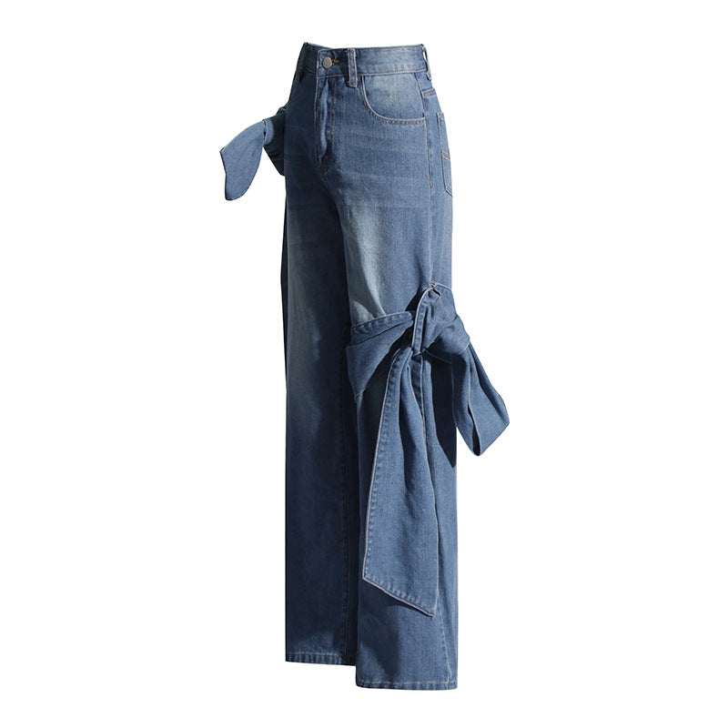 Detachable Ribbon Patchwork High-Waist Straight-Leg Jeans Denim Pants