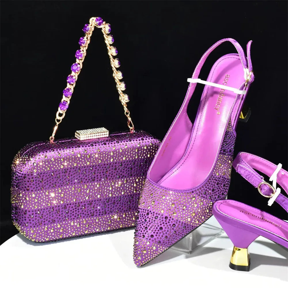 Sequin Stiletto Sandals & Faux-Lock Hardbox Bag Evening Set - Styeenigma