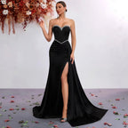 Strapless Rhinestone Bodycon High-Slit Evening Dress – Black Party Gown - Styeenigma