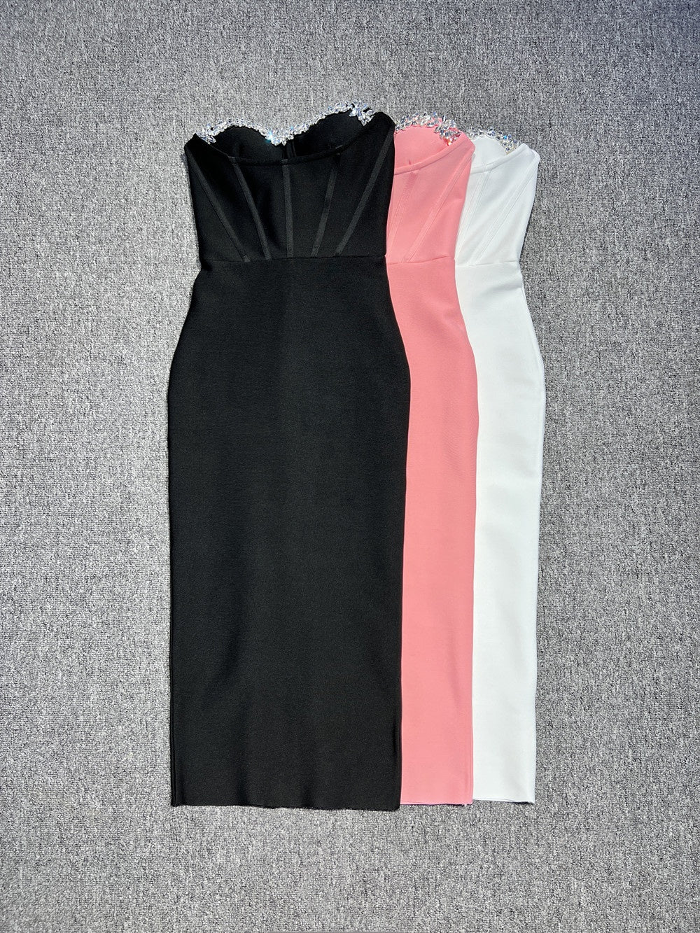 Women's Strapless Midi Dress with Crystal Stud Detailing | Evening Party Dress