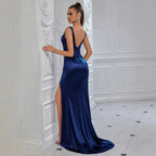 Navy Blue Strapless Spaghetti Strap Prom Dress with High Slit – Long Evening Gown - Styeenigma