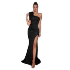 Flower Appliqué One Shoulder Mermaid Long Prom Dress with High Slit - Styeenigma