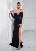 Long Sleeve Strapless Rhinestone Embellished Mermaid Evening Gown Dress - Styeenigma