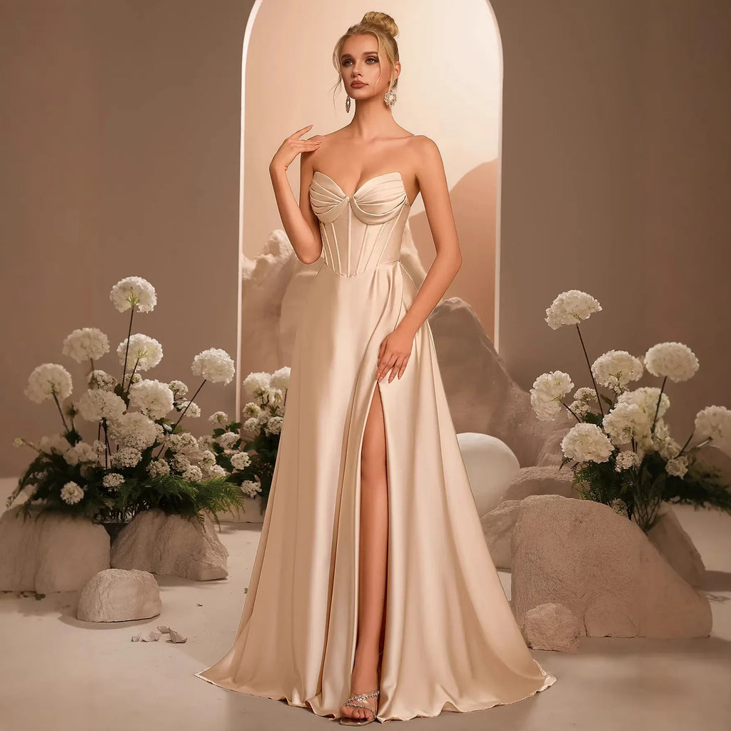 Satin Strapless Corset Body-con Evening Gown Formal Dress - Styeenigma