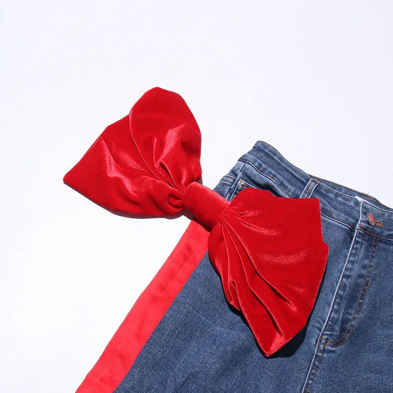 Bowknot Patchwork Straight Denim Jeans – Women’s Mid Waist Blue - Styeenigma