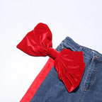 Bowknot Patchwork Straight Denim Jeans – Women’s Mid Waist Blue - Styeenigma