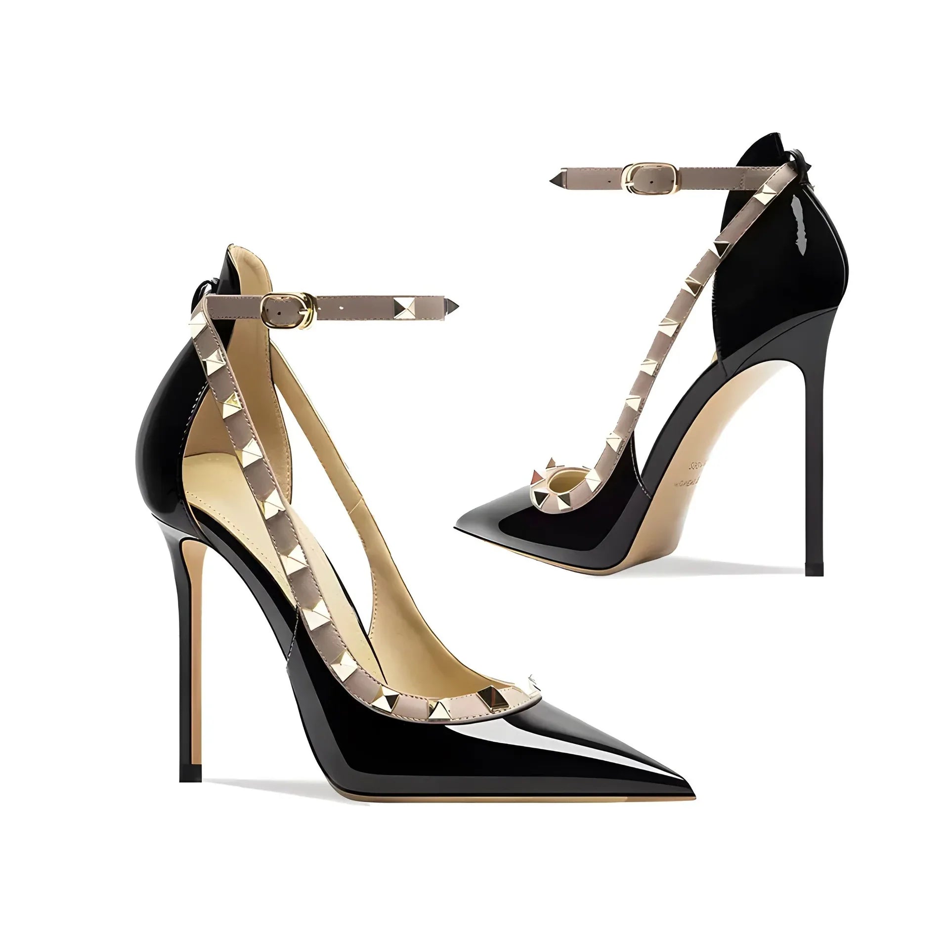 Pointed Toe Patent Leather High Heels Ankle Straps with Studs Detail - Styeenigma
