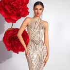 Sequined Halter Off-Shoulder Bodycon Evening Dress – Elegant Party & Birthday Gown - Styeenigma