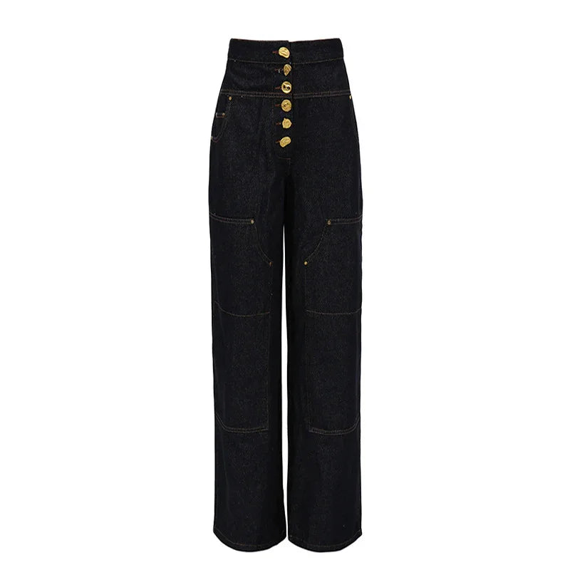 High Waist Rivet Button Straight Wide-Leg Denim Jeans Pants for Women - Styeenigma