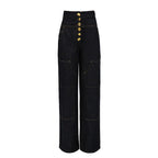 High Waist Rivet Button Straight Wide-Leg Denim Jeans Pants for Women - Styeenigma