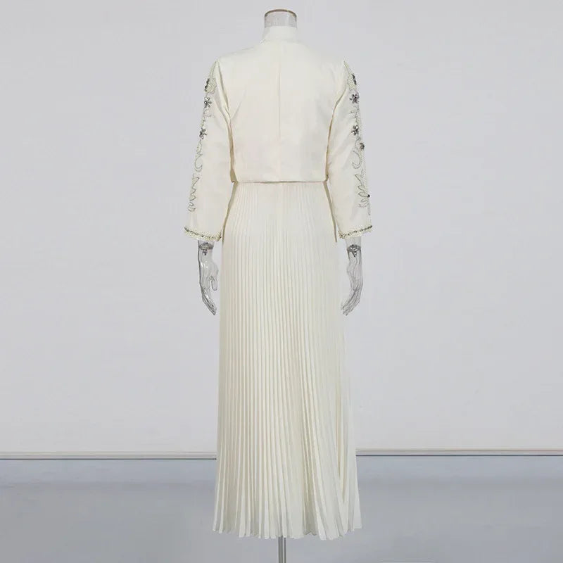 Embroidered Two-Piece Set – Rhinestone Detailing Sleeveless Dress & Jacket - Styeenigma