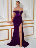 Sequin Off-the-Shoulder Mermaid Long Evening Gown Dress With Slit - Styeenigma