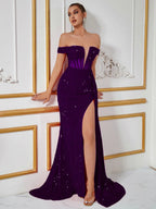 Sequin Off-the-Shoulder Mermaid Long Evening Gown Dress With Slit - Styeenigma
