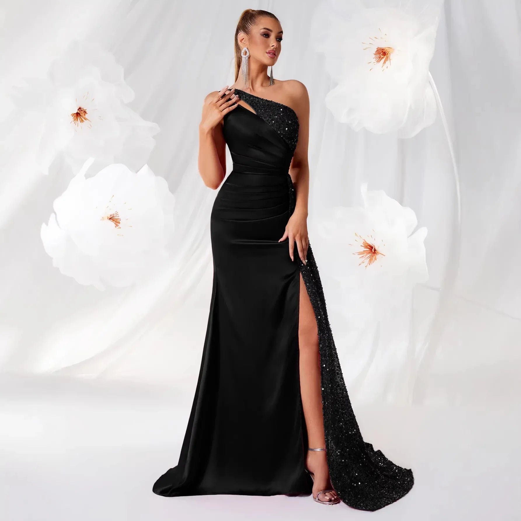 Single Shoulder Sequin Prom Dress with High Slit – Long Evening Gown - Styeenigma