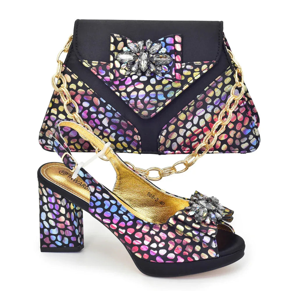 Diamond Peep Toe Chunky Heel Shoes & Evening Bag Set - Styeenigma
