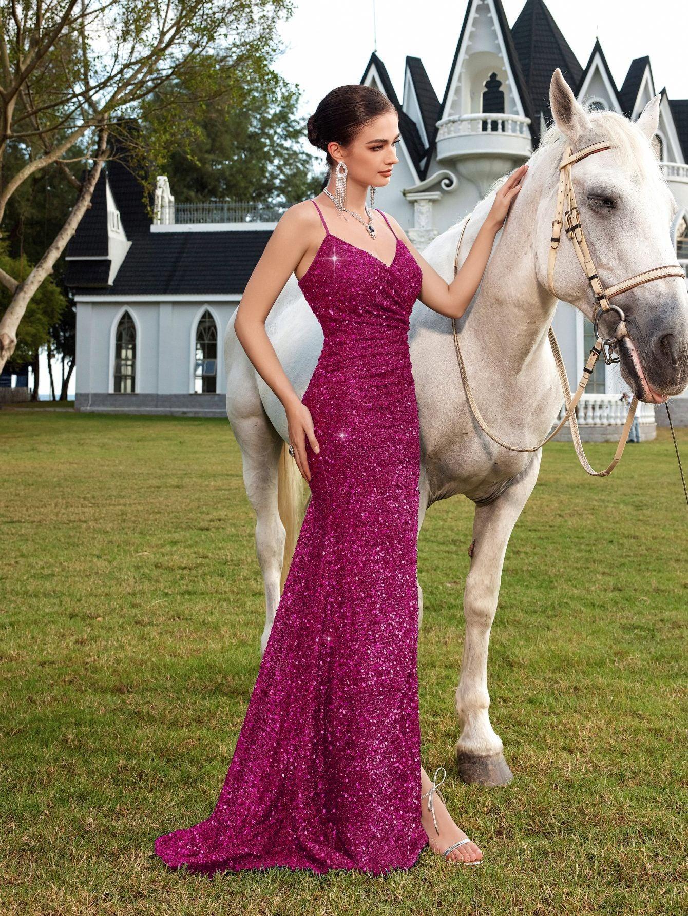 Sequin V-Neck Maxi Dress – High Slit Party Cocktail Formal Gown - Styeenigma