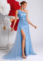 Sky Blue Beaded Sequin One Shoulder High Slit Evening Gown For Party & Formal - Styeenigma