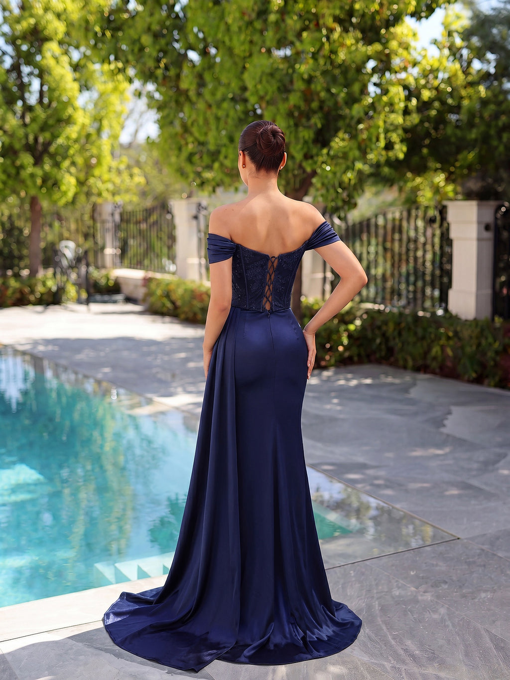 Navy Blue Off-Shoulder Evening Gown – Corset Lace Bodice & High Slit Satin Maxi Dress - Styeenigma