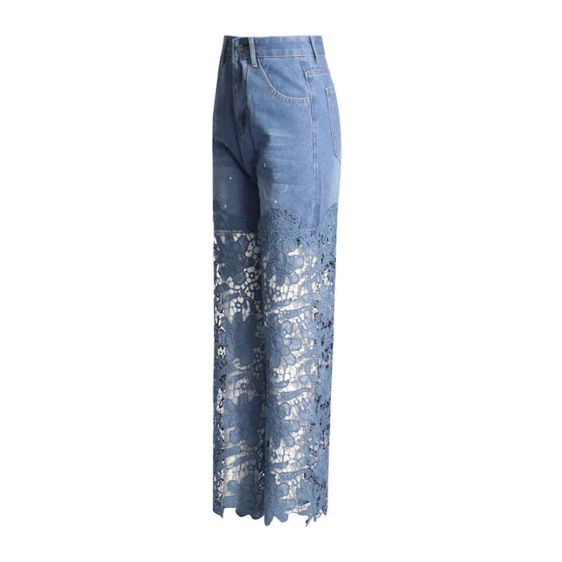 High Waist Lace Patchwork Straight-Leg Denim Pants for Women