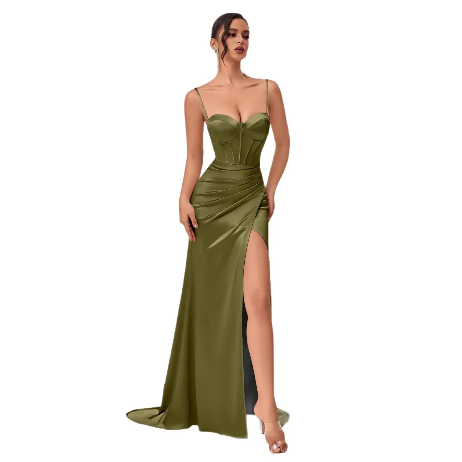 Spaghetti Strap Prom Dress with High Slit – Sleek Satin Party Gowns - Styeenigma