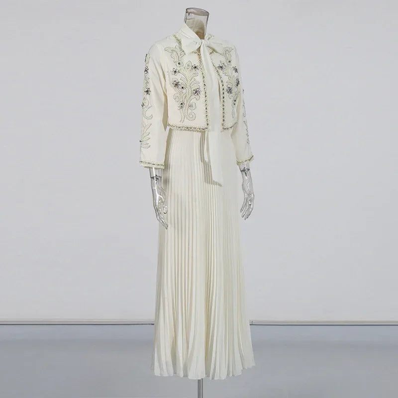 Embroidered Two-Piece Set – Rhinestone Detailing Sleeveless Dress & Jacket - Styeenigma