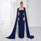 Square Neck Rhinestone Long Sleeve Maxi Evening Dress Formal Gown - Styeenigma